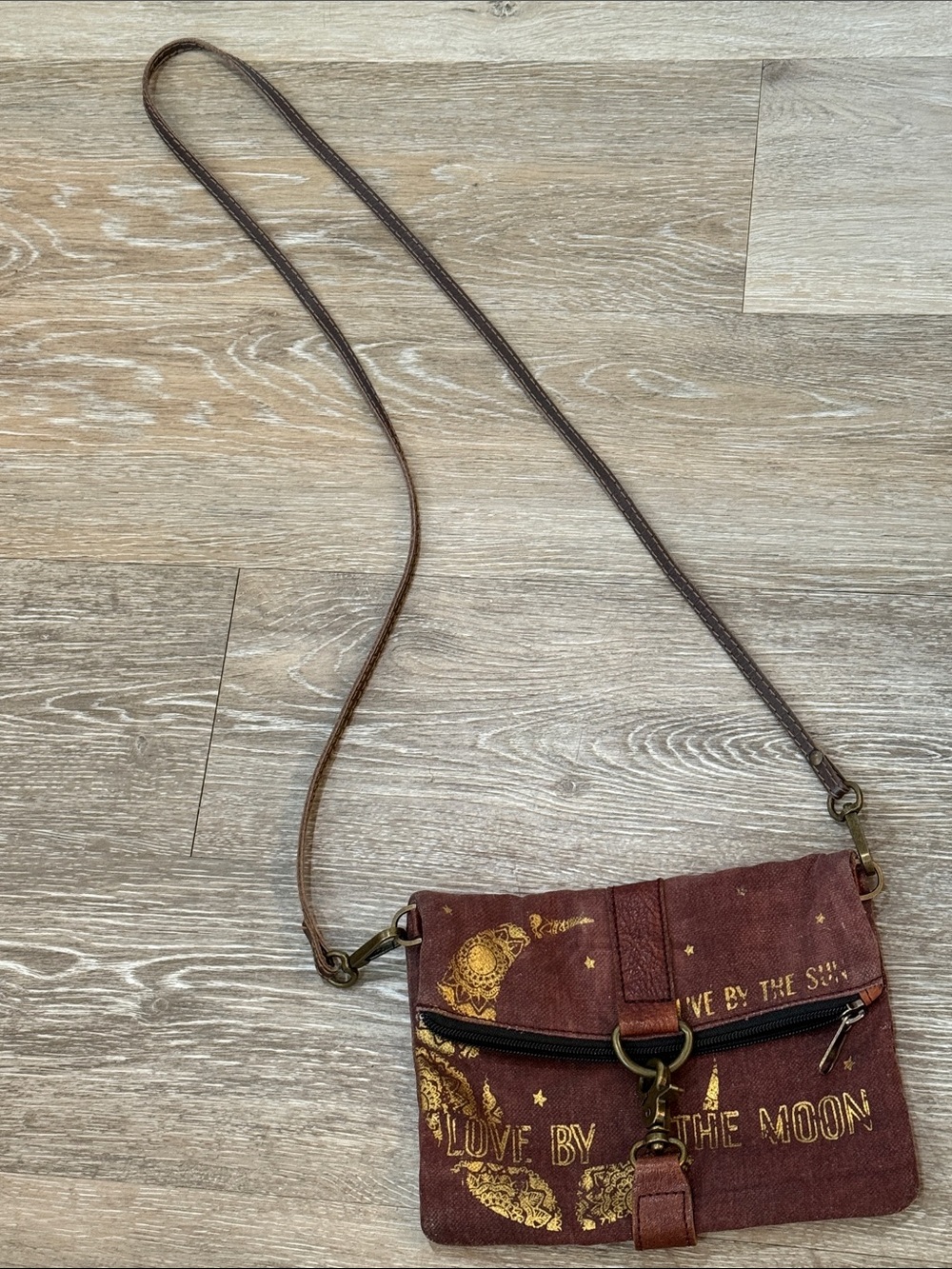 Mona B Live By The Sun Love By The Moon Canvas Leather Crossbody Bag Gold Foil